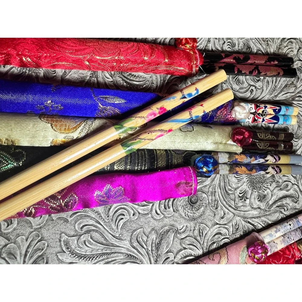 Vintage‎ Asian Bamboo Chopsticks Set of 7 Silk Brocade Sleeves Hand Painted 9in!